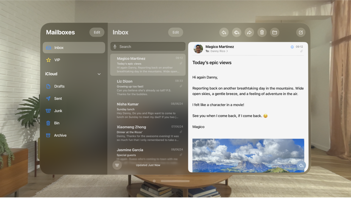 The Mail app on Apple Vision Pro, showing an open email in the inbox.