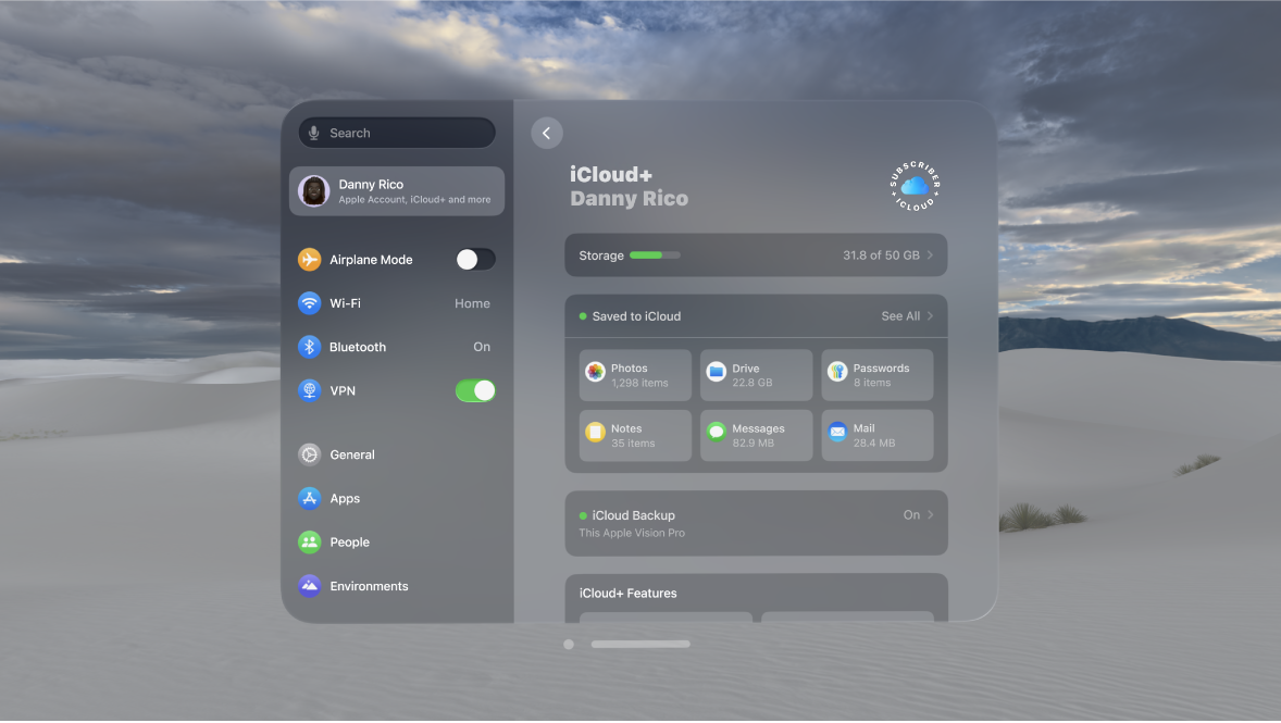 iCloud settings on Apple Vision Pro, showing the user’s iCloud storage.