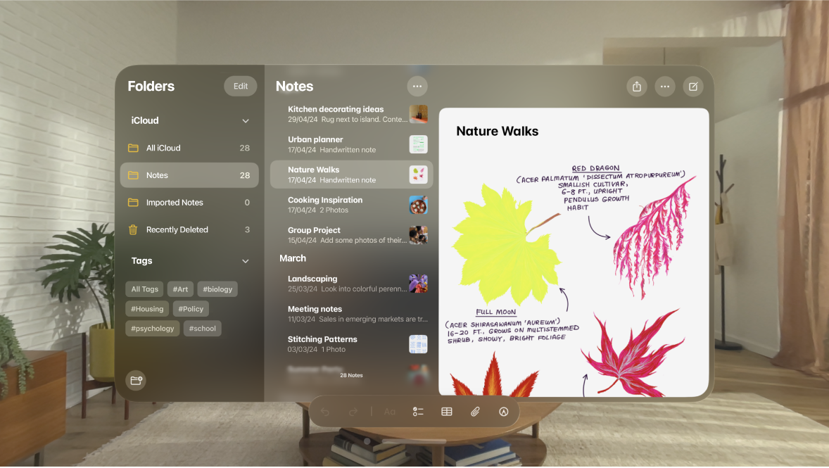 The Notes app on Apple Vision Pro, showing an open note and the toolbar at the bottom, with options for checklists, tables, photos and drawing.