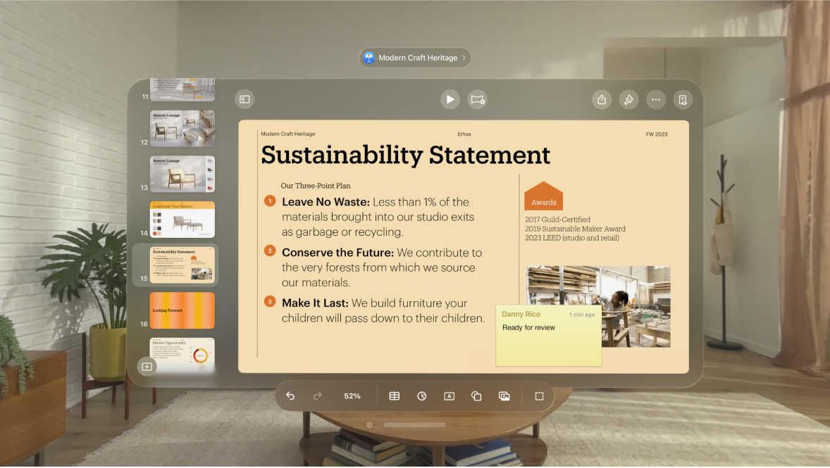 The Keynote app on Apple Vision Pro, showing a comment on the current slide.