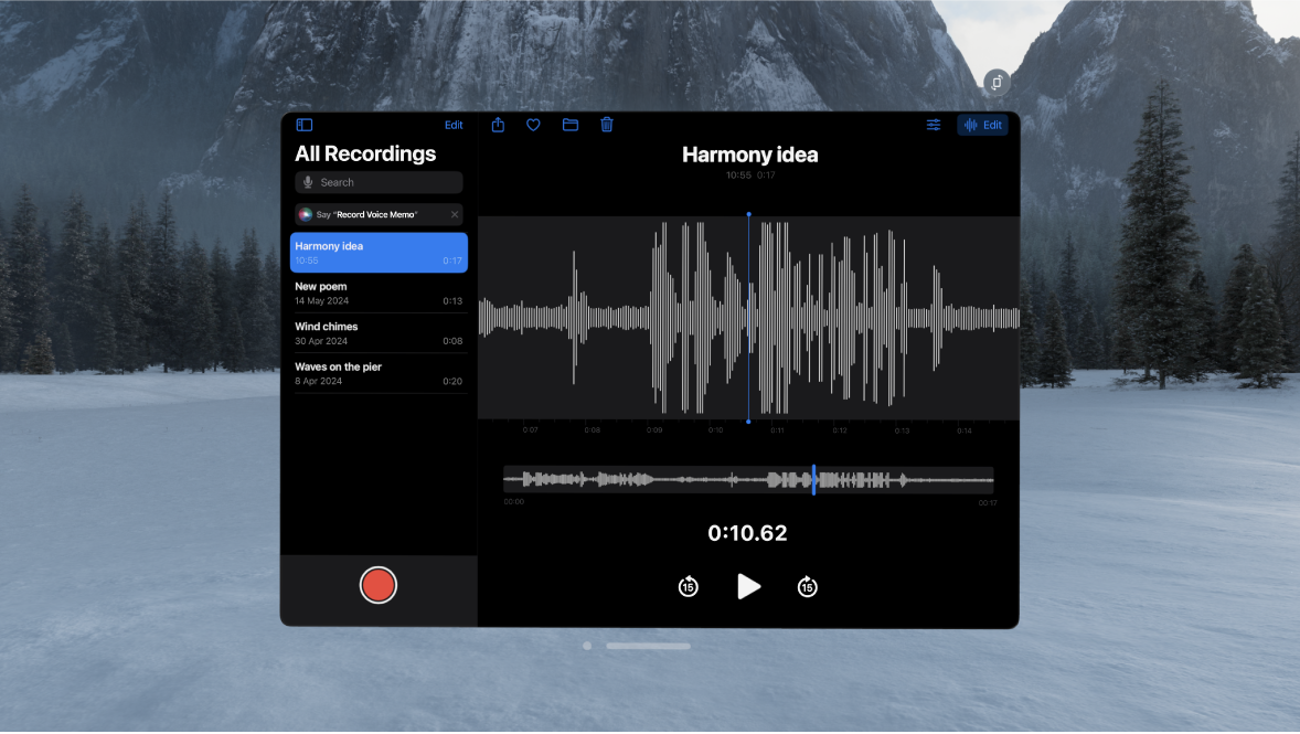 The Voice Memos app on Apple Vision Pro, showing a recording screen.