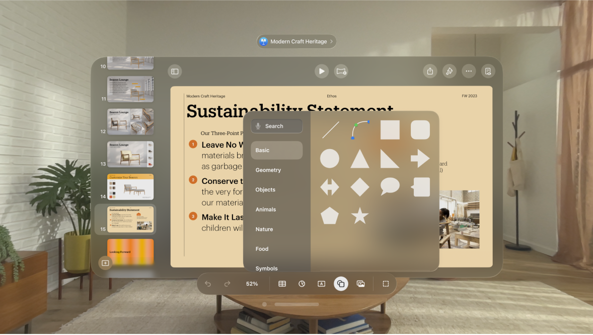 The Keynote app on Apple Vision Pro, showing the shapes library.