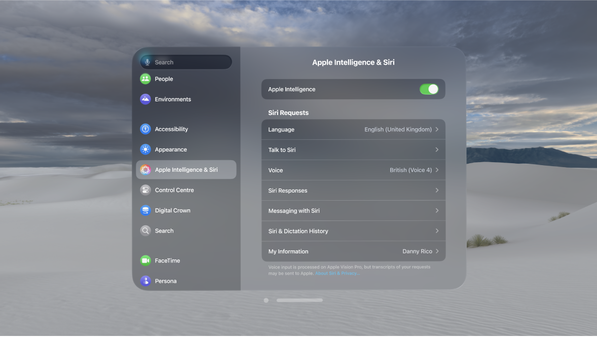 Apple Intelligence & Siri settings on Apple Vision Pro, where you can change when Siri responds, the Siri voice and more.