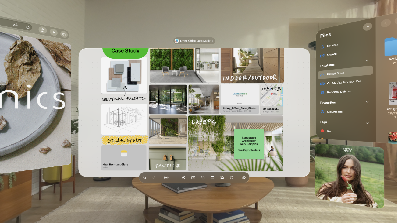A user’s view on Apple Vision Pro. Keynote, Music, Files and Safari are all visible.