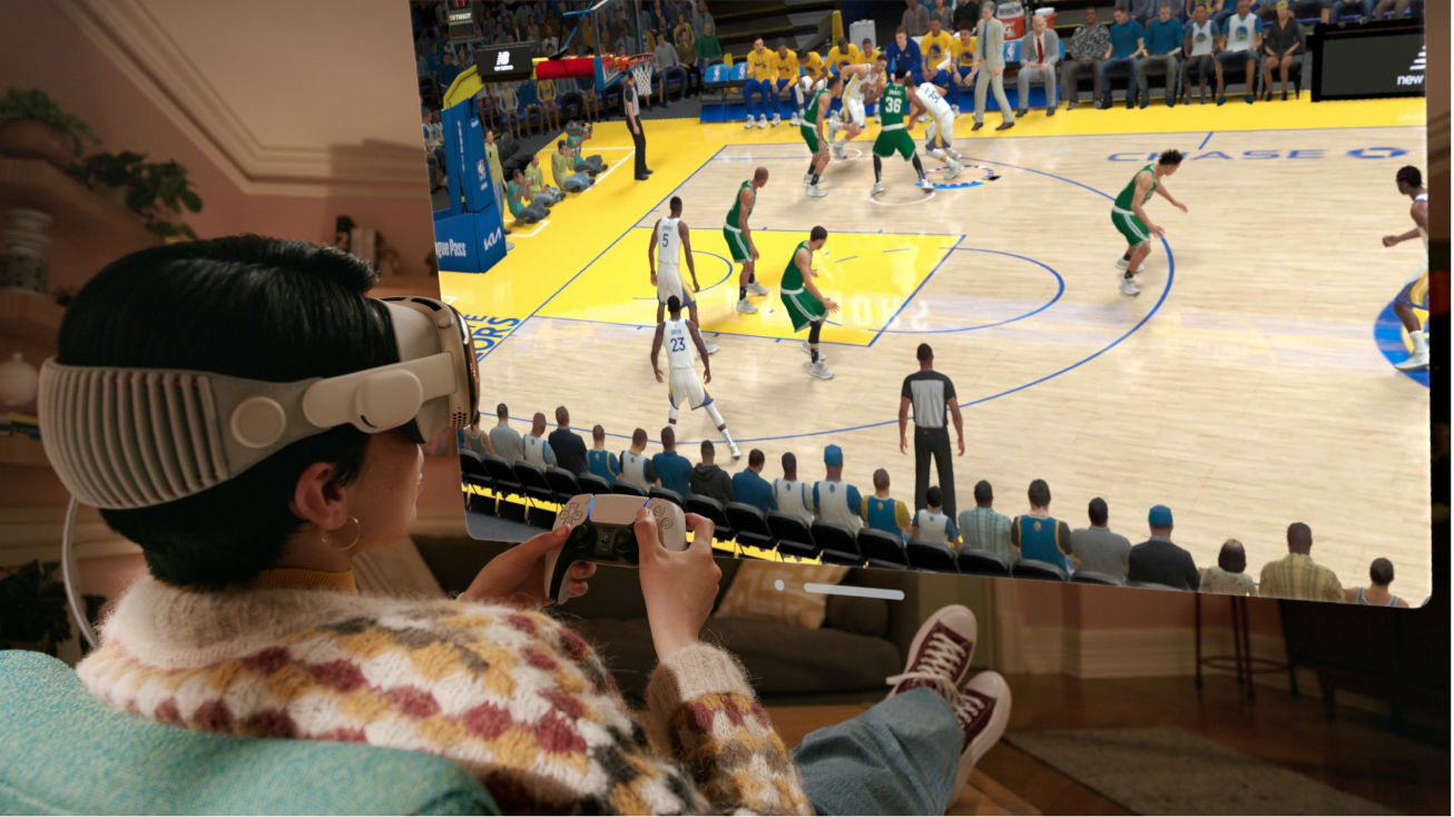 A person playing a game in Apple Arcade on Apple Vision Pro using a connected controller.