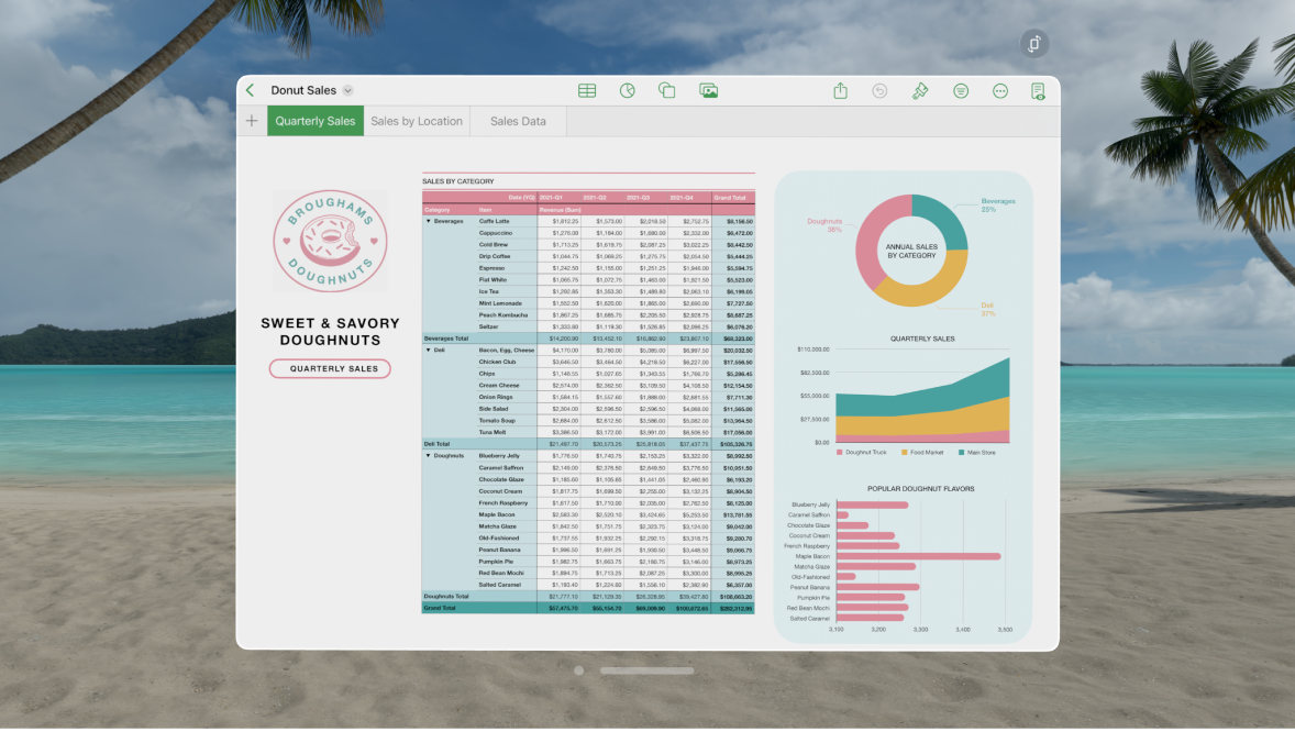 The Numbers app on Apple Vision Pro, showing an open spreadsheet and formatting controls at the top.