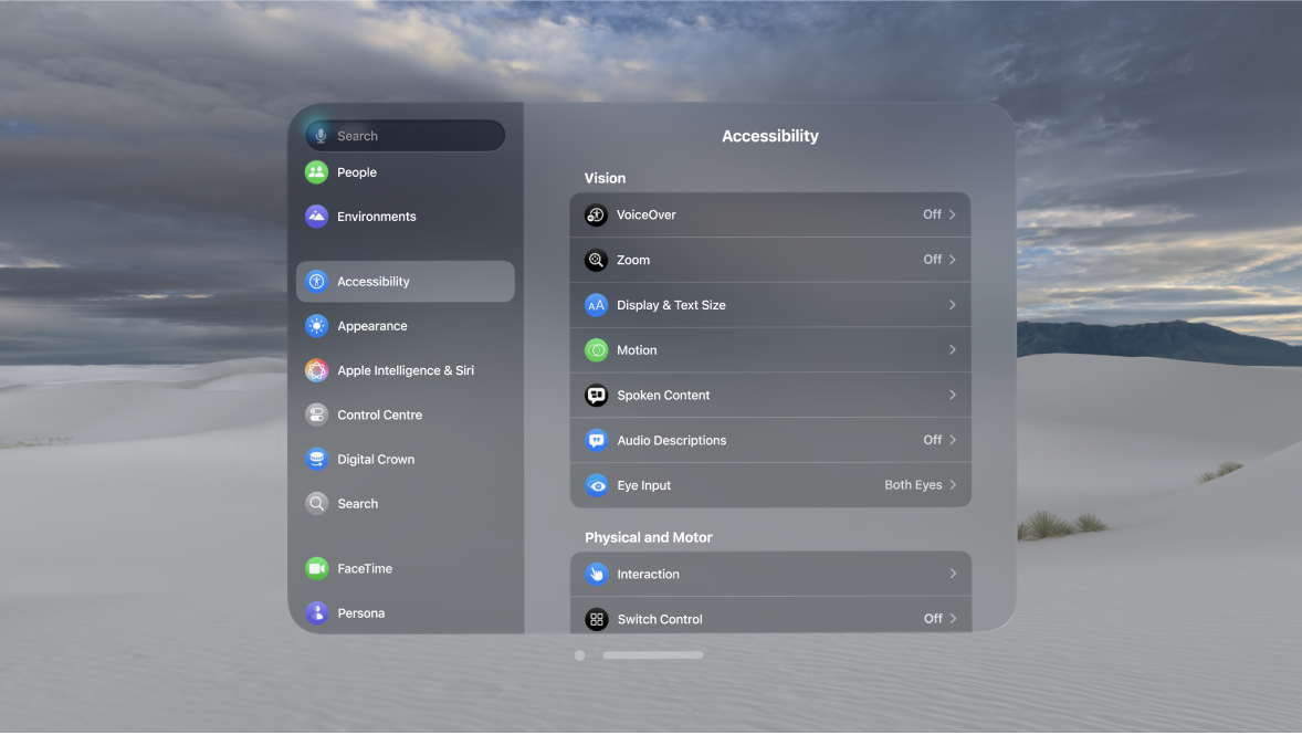 Accessibility settings on Apple Vision Pro, showing settings such as Voiceover, Eye Input and Switch Control.