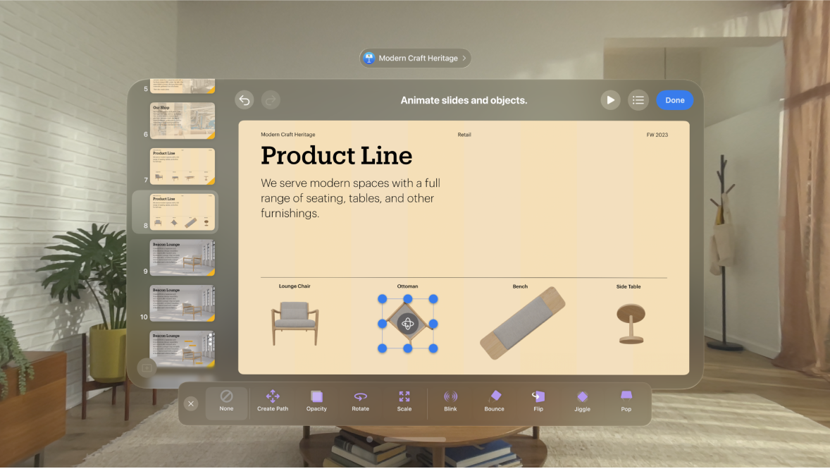 The Keynote app on Apple Vision Pro, showing the animation options for an object on a slide.