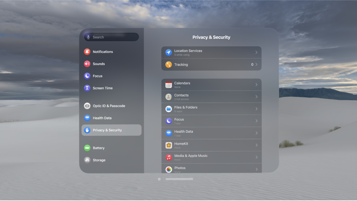 The Privacy & Security settings on Apple Vision Pro, showing settings for Location Services at the top.