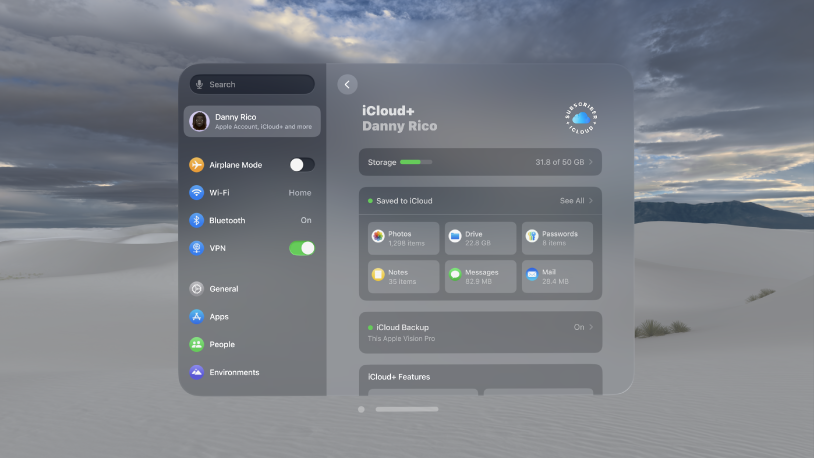 The settings window on Apple Vision Pro, showing the user’s iCloud storage.