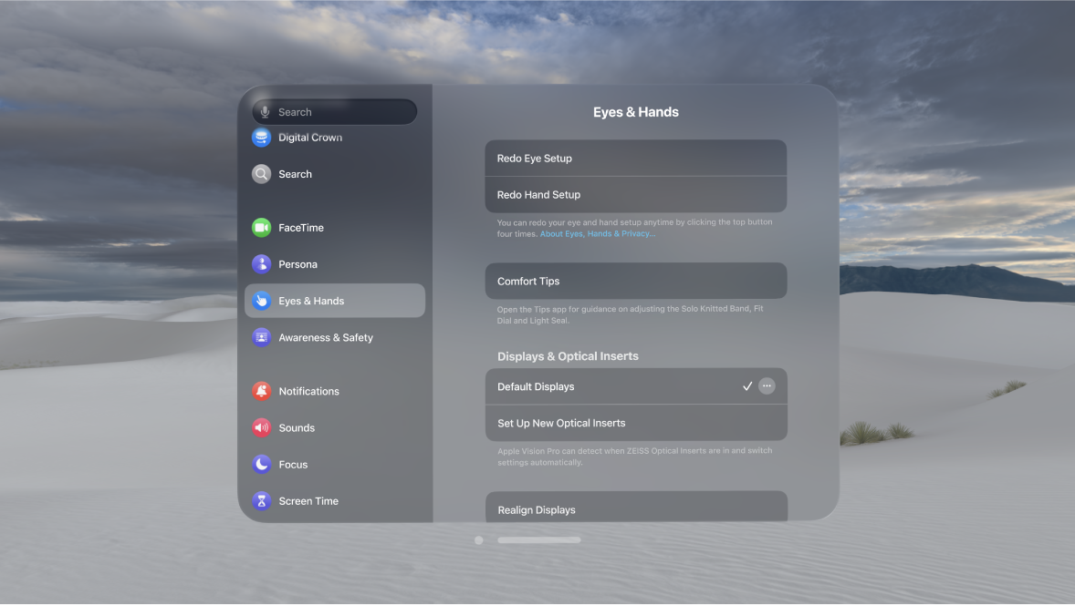 Eyes & Hands settings, with options to redo eye and hand setup, change Hand Input settings and more.