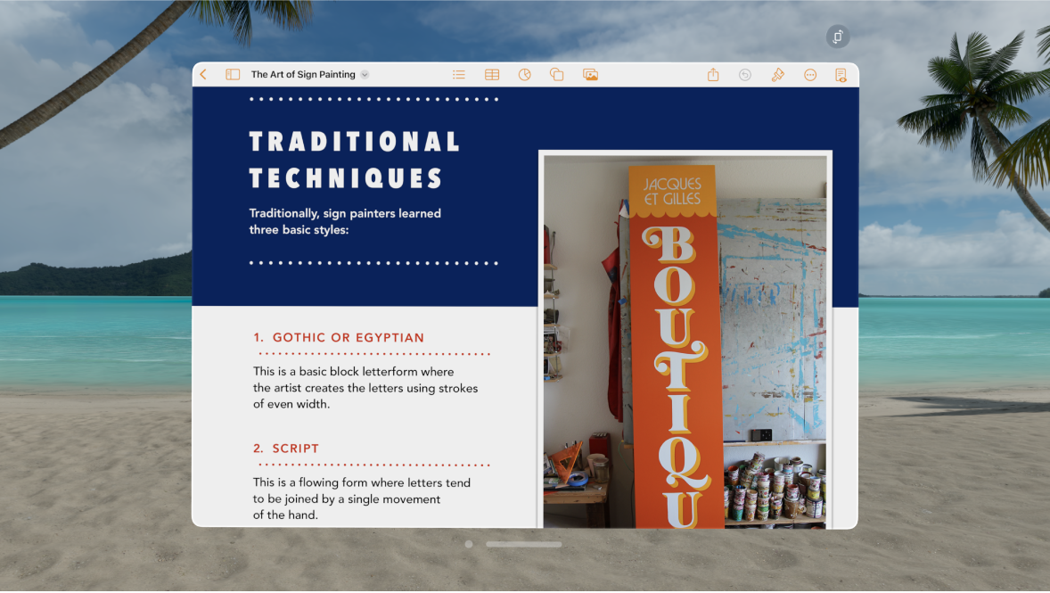 The Pages app on Apple Vision Pro, showing an open document and formatting controls at the top.