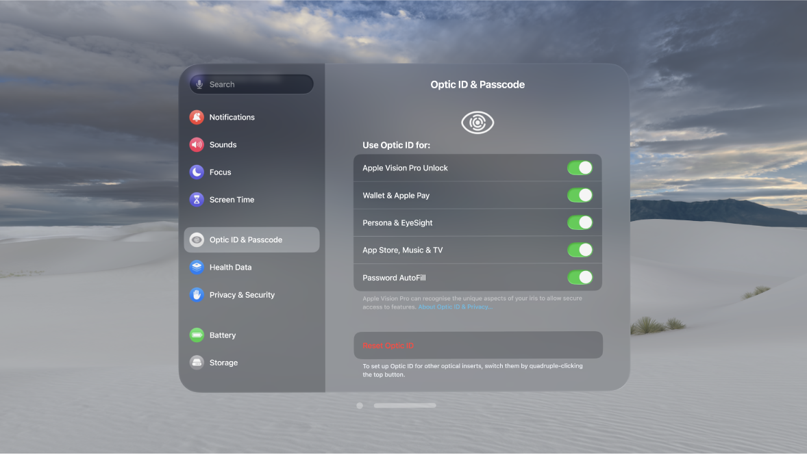 Optic ID & Passcode settings on Apple Vision Pro, showing options to use Optic ID for unlock, Persona and more, and to Reset Optic ID.
