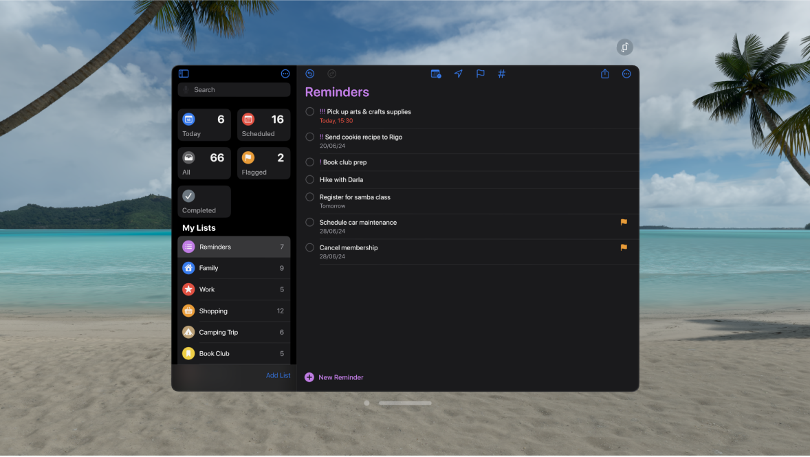 The Reminders app on Apple Vision Pro, showing a list of unchecked reminders.