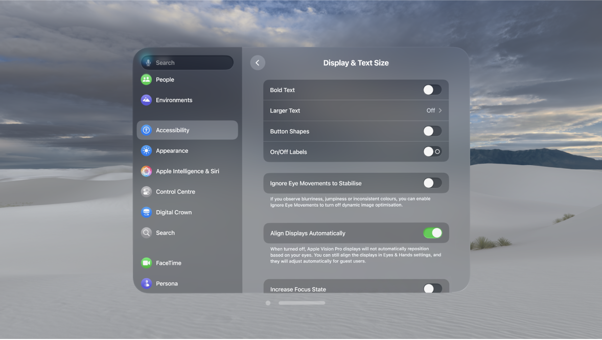 Display & Text Size settings on Apple Vision Pro, showing controls to turn on Bold Text, Ignore Eye Movements, Increase Focus State and more.