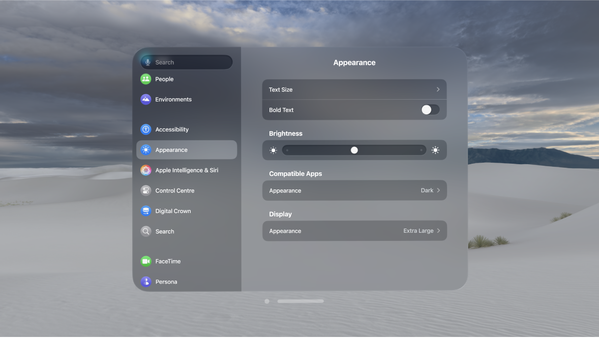 Appearance settings on Apple Vision Pro, showing settings such as Text Size, Brightness and Compatible Apps Appearance.