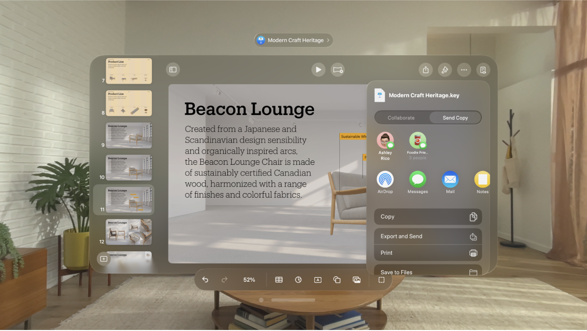 The Keynote app on Apple Vision Pro, showing the options to send a copy.