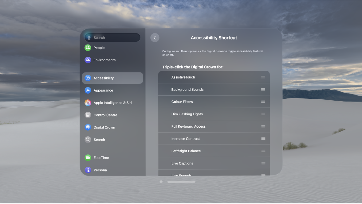 Accessibility Shortcut settings on Apple Vision Pro, showing features you can turn on and off with the Digital Crown.