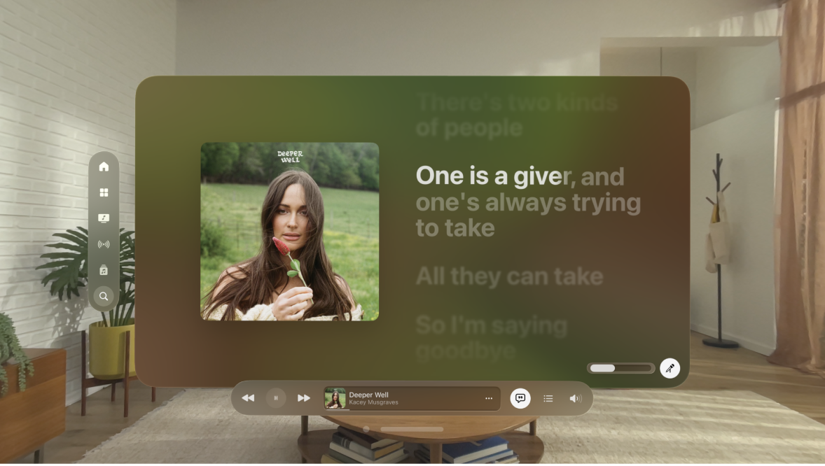 A Music app window on Apple Vision Pro, showing lyrics and the player controls at the bottom of the window.