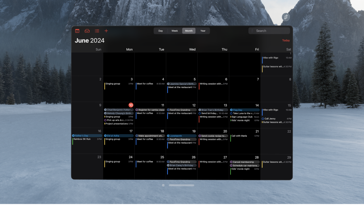 The Calendar app on Apple Vision Pro, showing a month of events.