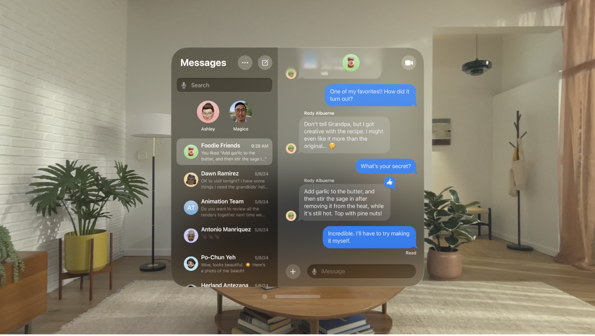 The Messages app open on Apple Vision Pro, showing a Messages conversation.