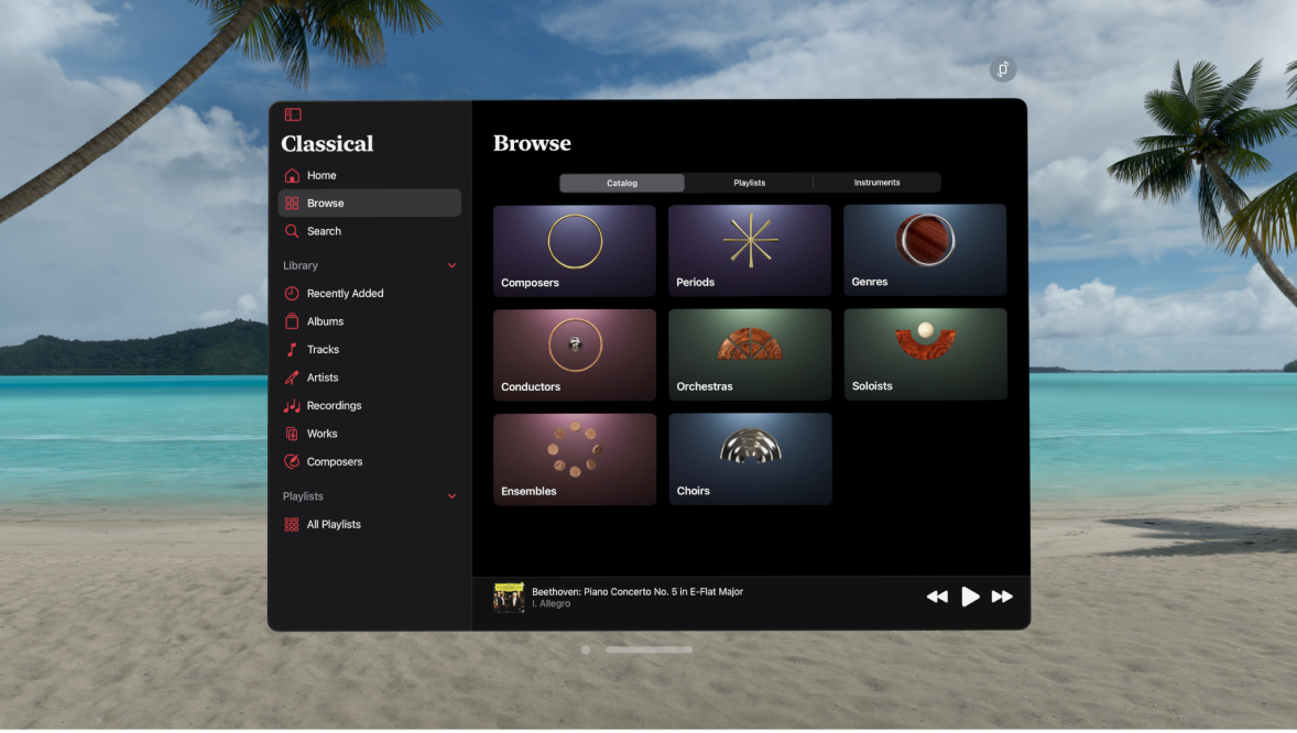 The Apple Music Classical app on Apple Vision Pro, showing Catalog options in the Browse tab.