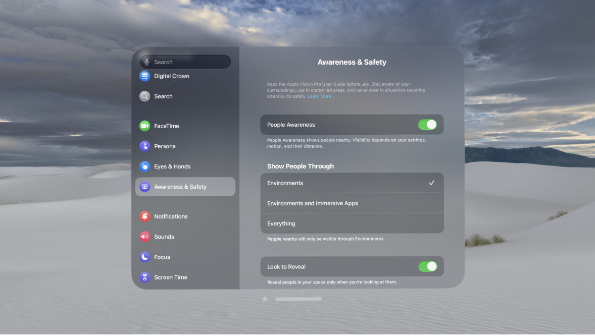People Awareness settings on Apple Vision Pro, where you can turn People Awareness on or off, change when people are shown, turn Look to Reveal on or off, and delete your personalized EyeSight.
