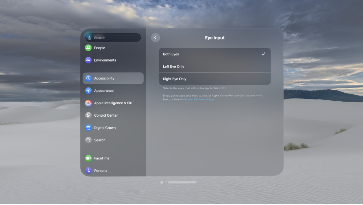 Eye Input settings on Apple Vision Pro, showing options to change which eyes to use to control your device.