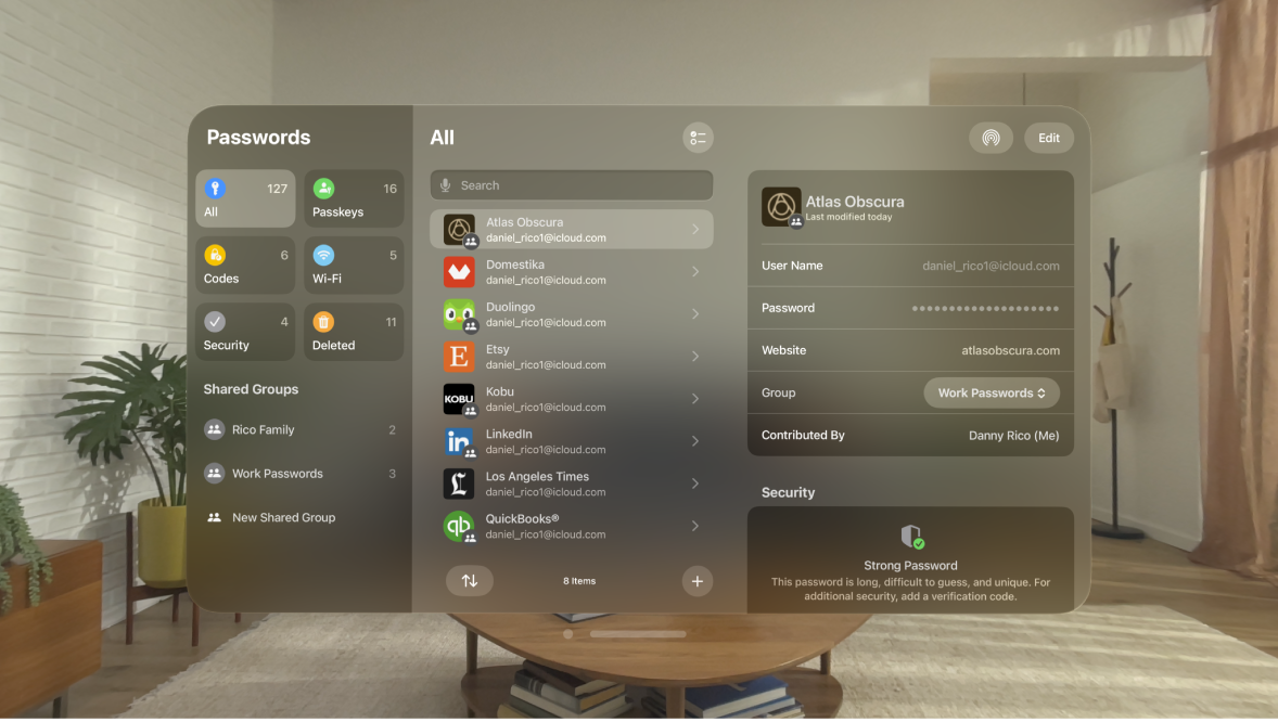The Passwords app on Apple Vision Pro. Accounts are listed in alphabetical order, and information for one account is open on the right.