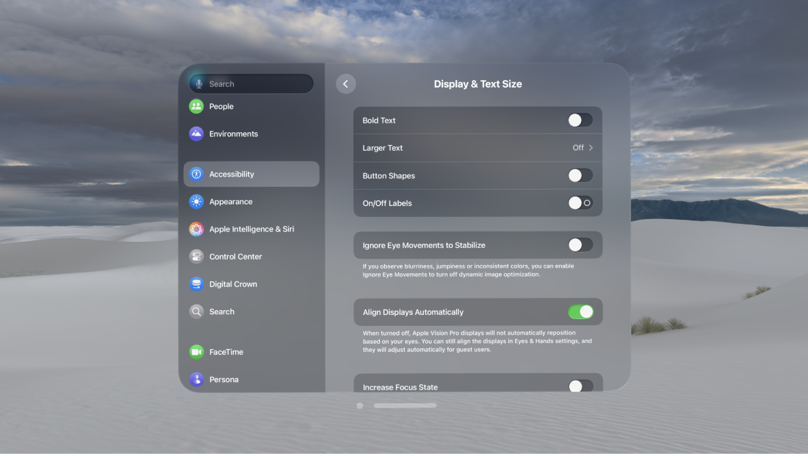 Display & Text Size settings on Apple Vision Pro, showing controls to turn on Bold Text, Ignore Eye Movements, Increase Focus State, and more.