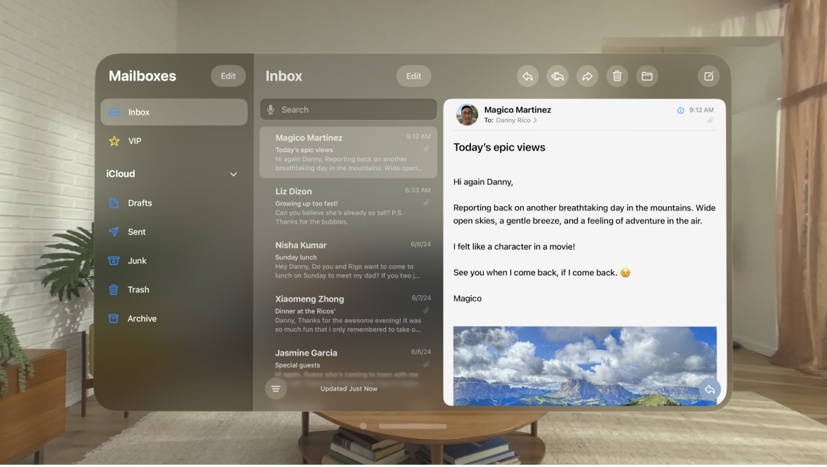 The Mail app on Apple Vision Pro, showing an open email in the inbox.