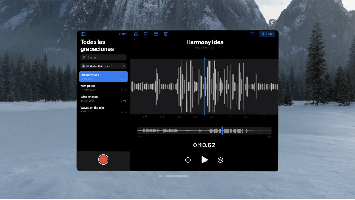 La app Notas de Voz en el Apple Vision Pro mostrando una pantalla de grabación.