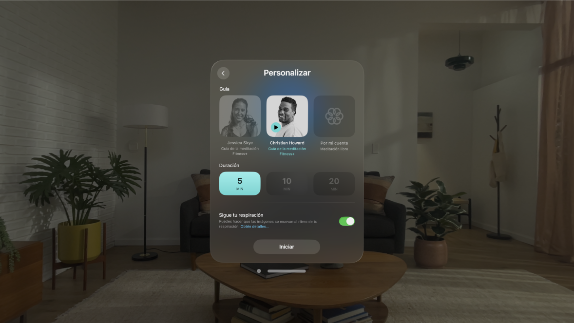 El menú de la app Atención Plena mostrando opciones para cambiar el guía y la duración, y para activar o desactivar Sigue tu respiración.