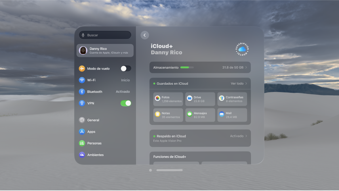 La configuración de iCloud en el Apple Vision Pro mostrando el almacenamiento de iCloud del usuario.