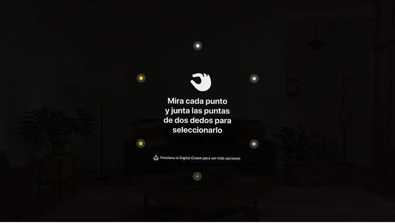 La vista Configuración ocular, con instrucciones para mirar cada punto y hacer un toque con los dedos para seleccionarlos. También hay instrucciones para presionar la Digital Crown a fin de mostrar más opciones.