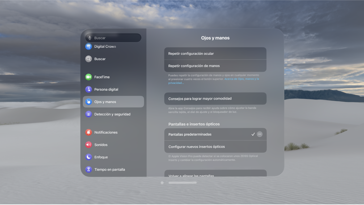 La configuración de ojos y manos con opciones para repetir la configuración, cambiar el control con manos y más.