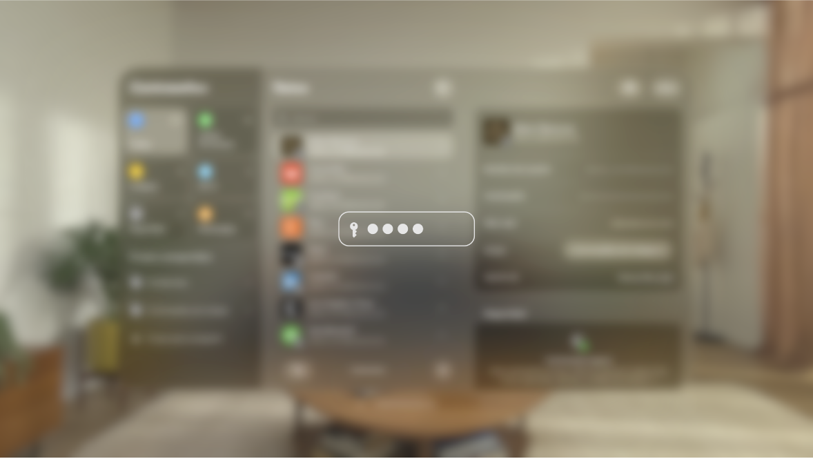 La vista del Apple Vision Pro mientras se ingresa una contraseña tal y como la vería alguien en la pantalla duplicada. La vista está atenuada y una imagen indica que el usuario está ingresando una contraseña.