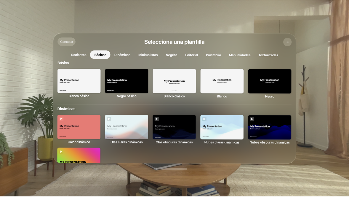 La app Keynote en el Apple Vision Pro mostrando el selector de plantillas y una variedad de plantillas.