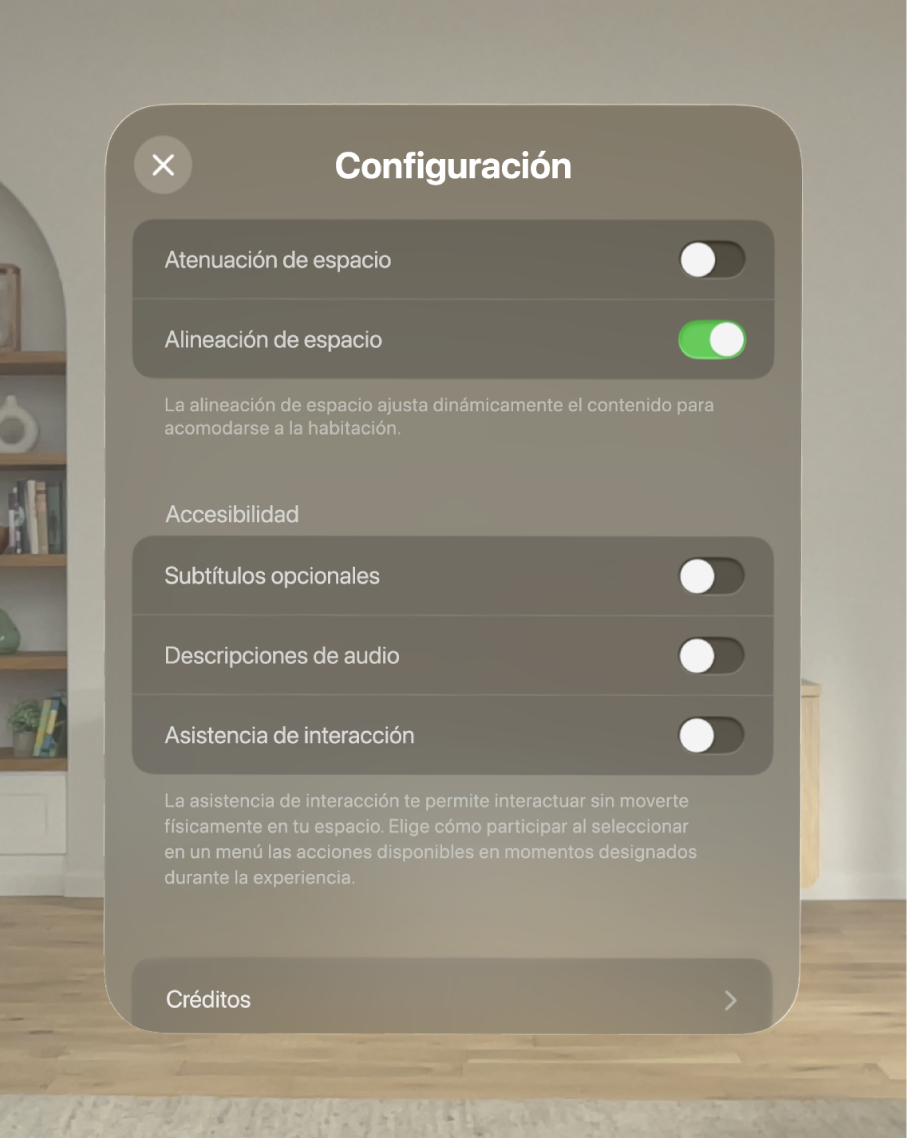La configuración de Encuentro con dinosaurios con opciones para ajustar la atenuación de espacio y la alineación, así como para activar los subtítulos, las descripciones de audio y la asistencia de interacción.
