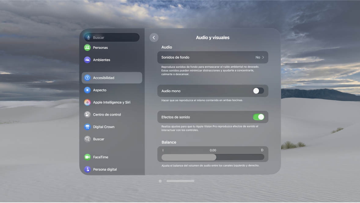 La configuración del panel Audio y visuales en el Apple Vision Pro mostrando que la opción Efectos de sonido está activada.