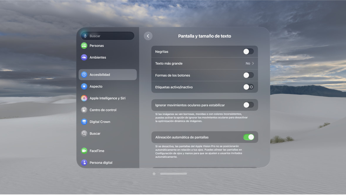 La configuración de Pantalla y tamaño de texto en el Apple Vision Pro mostrando los controles para activar Negritas, Ignorar movimientos oculares, Aumentar distinción al enfocar y más.