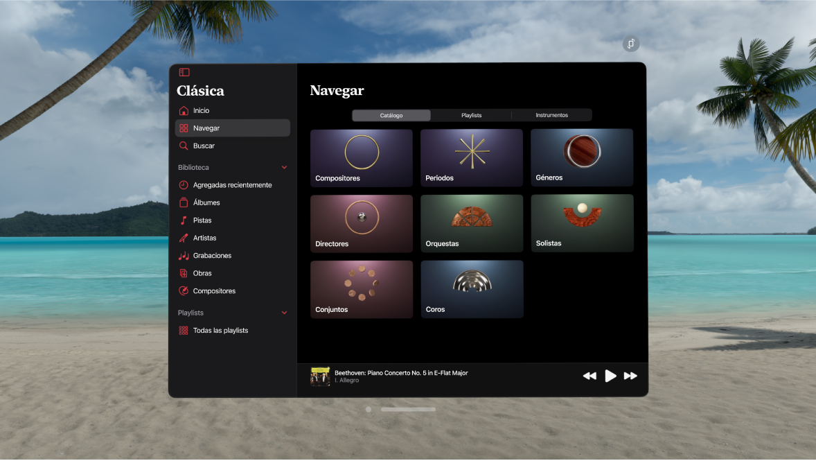 La app Apple Music Classical en el Apple Vision Pro mostrando las opciones del catálogo en la pestaña Explorar.
