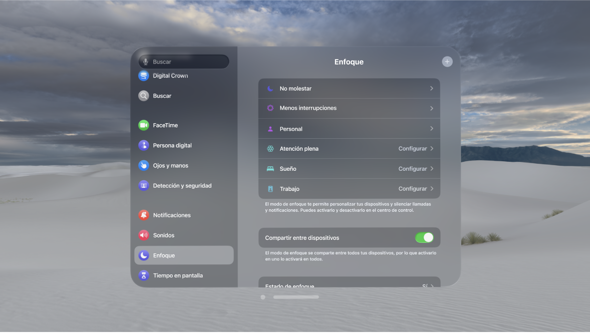 La configuración del panel Enfoque en el Apple Vision Pro mostrando opciones para configurar un enfoque, compartir los enfoques entre dispositivos y compartir el estado de enfoque.