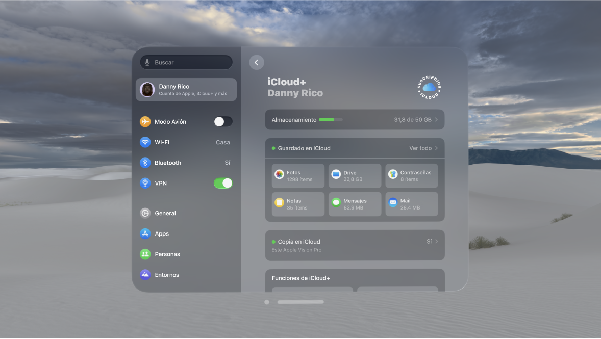 Ajustes de iCloud en el Apple Vision Pro con el almacenamiento en iCloud del usuario.