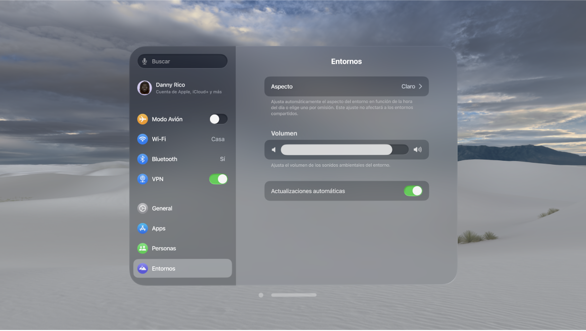 Ajustes de los entornos del Apple Vision Pro con la opción “Actualizaciones automáticas” activada.