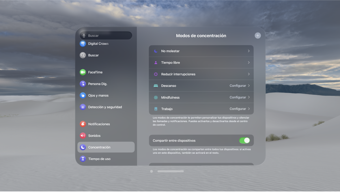 Ajustes de los modos de concentración en el Apple Vision Pro con opciones para configurar un modo de concentración, compartir en todos sus dispositivos y compartir el estado de concentración.