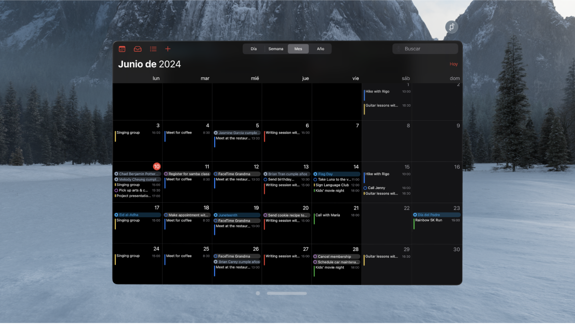 App Calendario del Apple Vision Pro con un mes de eventos.