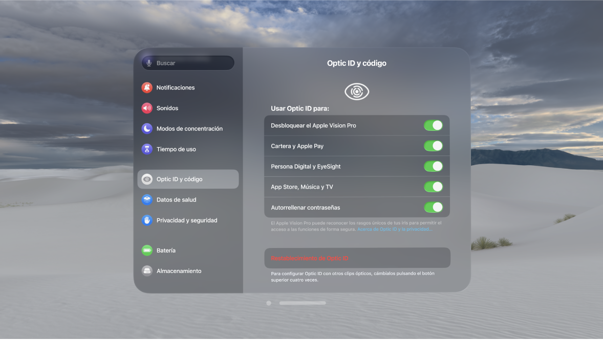 Ajustes de “Optic ID y código” en el Apple Vision Pro con opciones para usar Optic ID para desbloquear, para la Persona Digital y mucho más, y para “Restablecer Optic ID”.