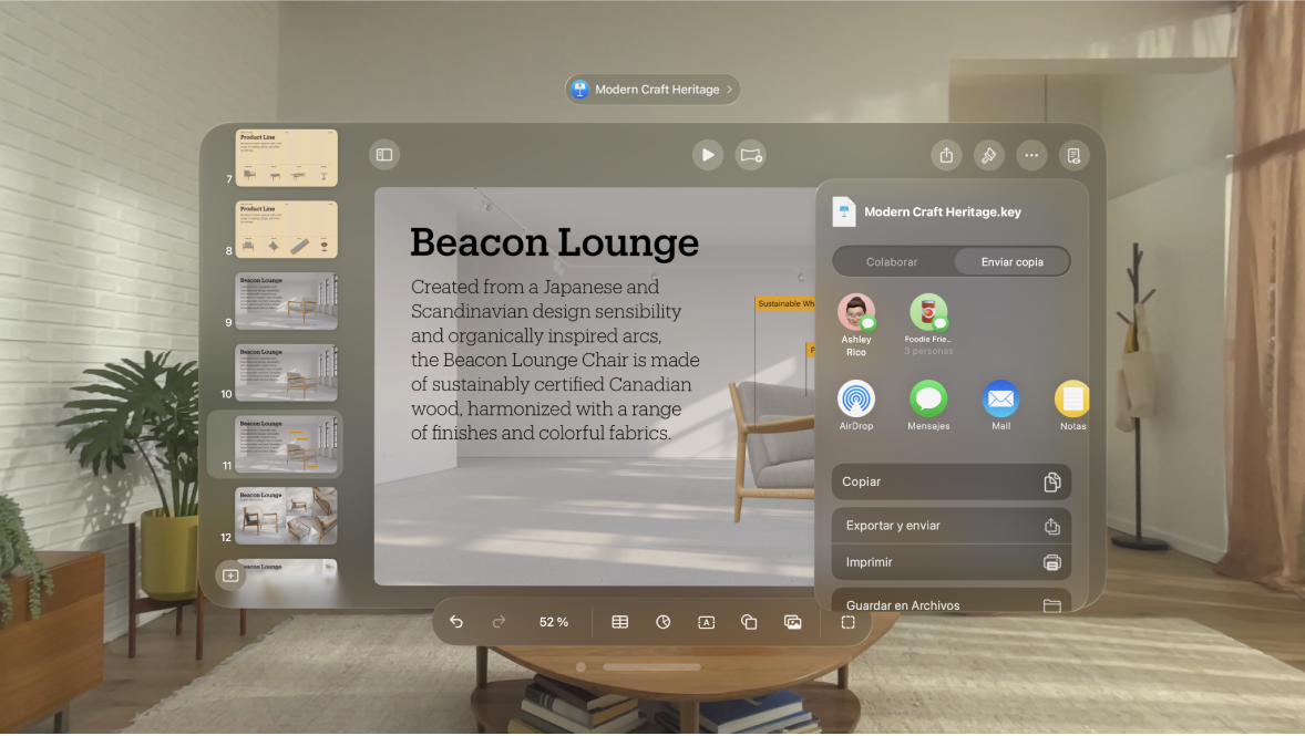 App Keynote del Apple Vision Pro con opciones para enviar una copia.
