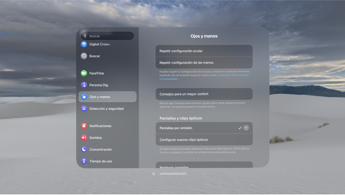 Ajustes de “Ojos y manos” con opciones para repetir la configuración ocular y de las manos, cambiar los ajustes de “Entrada de datos de las manos” y mucho más.